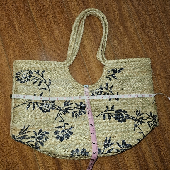NEW Floral Woven Tote Bag - Natural, Blue And Gold Made In India - Picture 6 of 8